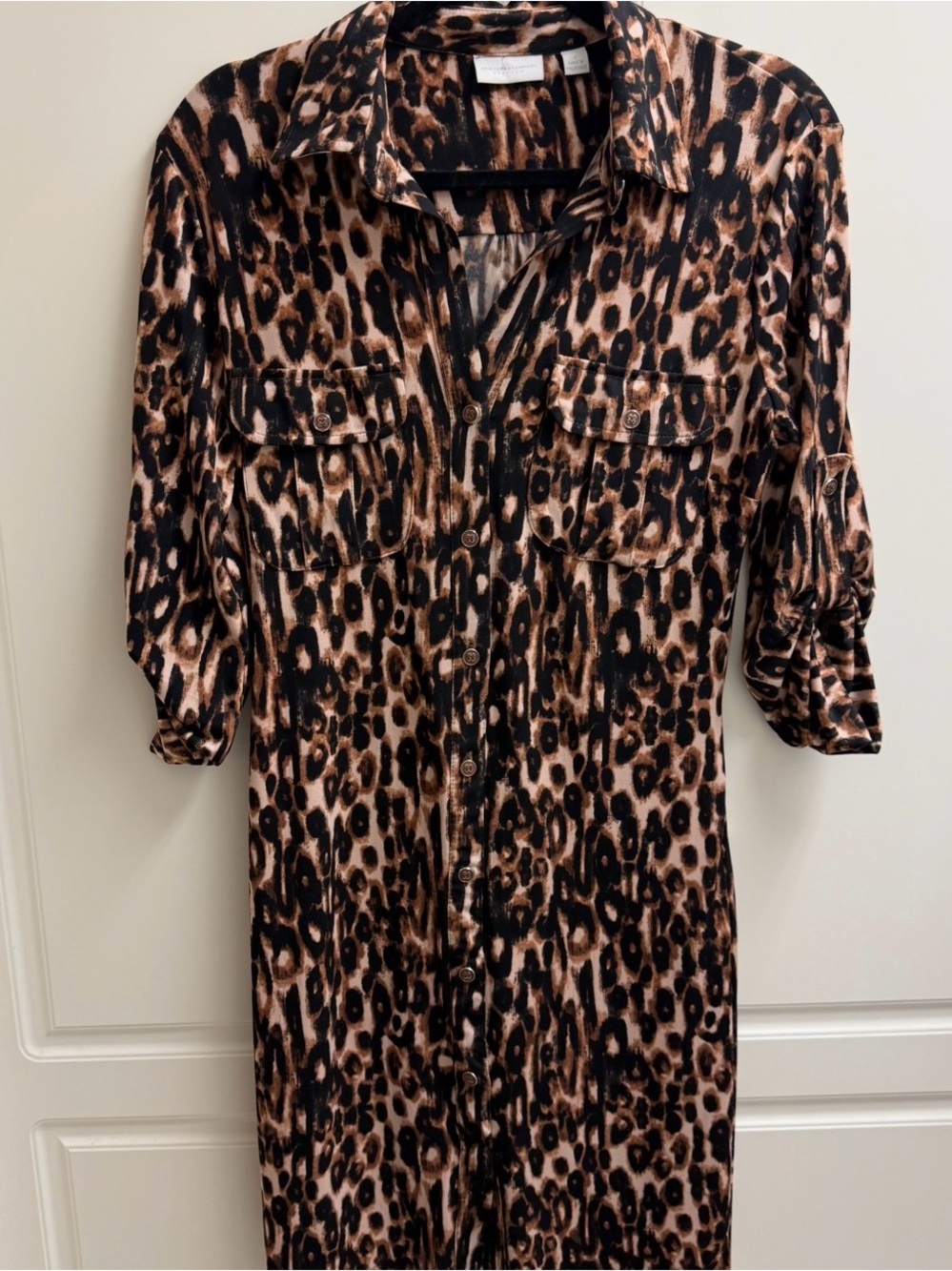 New York & Co Leopard Print Shirt Dress Small Brown Black Button Front Stretch